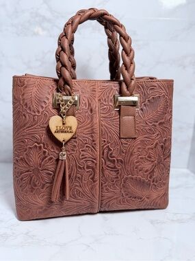 Brown Floral Embossed Leather Tote Handbag